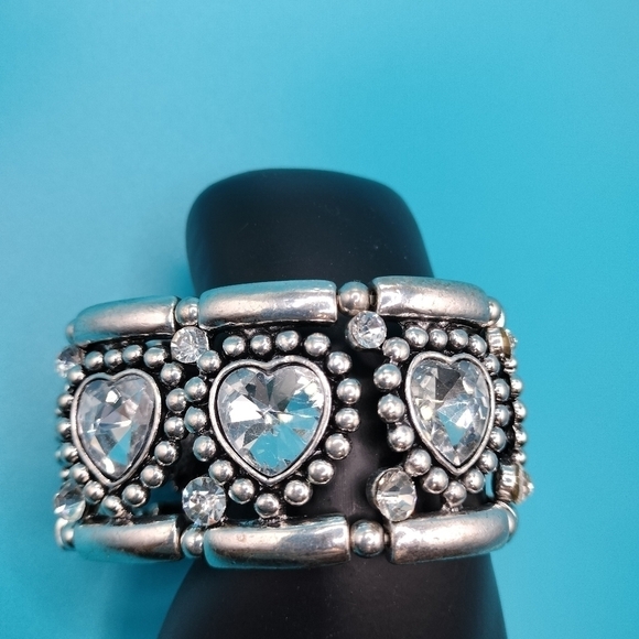 Set of 2 Silver Tone Link Stretchy Bracelets Mix Abstract Pattern - Picture 6 of 8